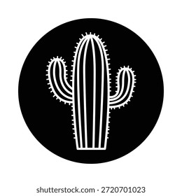 A simple and modern illustration of a cactus in a black circle on a white background, perfect for use as a logo or design element.