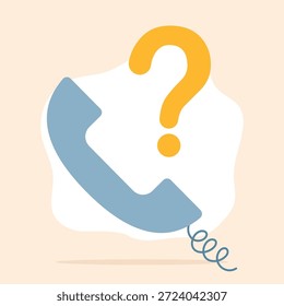 Uma ilustração simples e moderna centrada em um ponto de interrogação proeminente combinado com um receptor de telefone. O tema principal é a incerteza, a investigação e a busca de respostas. A imagem simboliza perguntas, solicitações de informações e a necessidade de esclarecimento ou suporte, tornando-a adequada para conceitos relacionados a perguntas frequentes, serviços de ajuda, consultas de clientes e comunicação de solução de problemas.