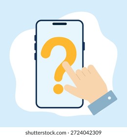 Uma ilustração simples e moderna centrada em um ponto de interrogação proeminente combinado com um receptor de telefone. O tema principal é a incerteza, a investigação e a busca de respostas. A imagem simboliza perguntas, solicitações de informações e a necessidade de esclarecimento ou suporte, tornando-a adequada para conceitos relacionados a perguntas frequentes, serviços de ajuda, consultas de clientes e comunicação de solução de problemas.