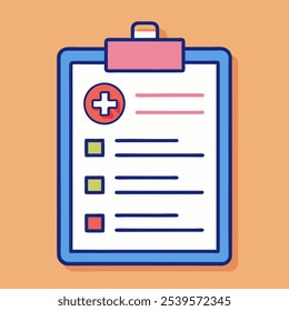 A simple and modern illustration of a medical checklist, perfect for representing healthcare, medical records, and patient care. The checklist includes a red cross symbol.