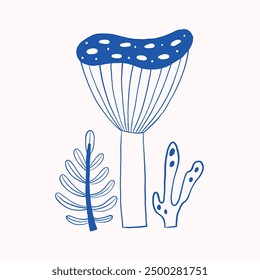 Simple and modern illustration of a mushroom with accompanying plants, featuring clean lines and a minimalist design in blue on a white background