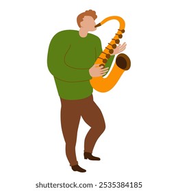 Uma ilustração simples e moderna de uma pessoa tocando saxofone. A figura tem um design estilizado e mínimo com uma camisa verde, calças marrons. Ideal para pôsteres com temas musicais, banners, ilustrações em blogs.