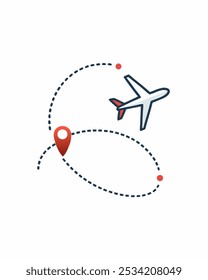 A simple and modern illustration of a plane flying on a dotted line route, perfect for travel, journey, or transportation themes. This vector graphic is ideal for websites, brochures.