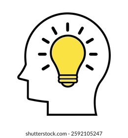 Simple, modern illustration of a profile head silhouette with a glowing yellow lightbulb inside, suggesting a creative idea or inspiration.