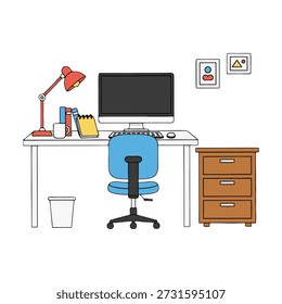 Una ilustración simple y moderna de una configuración de escritorio de trabajo, que incluye una computadora, silla, lámpara y varios suministros de oficina. Ideal para su uso en presentaciones, Sitios web o cualquier proyecto que necesite una visual limpia y profesional.
