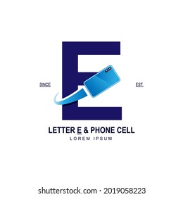 Simple and modern initial logo letter E combining with blue smartphone. Suitable for technology and internet business. 