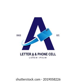 Simple and modern initial logo letter A combining with blue smartphone. Suitable for technology and internet business. 