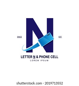 Simple and modern initial logo letter N combining with blue smartphone. Suitable for technology and internet business