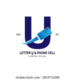 Simple and modern initial logo letter U combining with blue smartphone. Suitable for technology and internet business