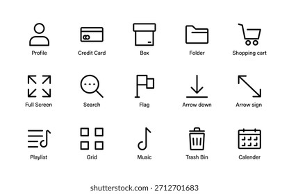 Simple modern interface icons collection. Essential navigation tools, action symbols, media controls, and clean UI elements