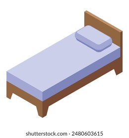 Ilustración isométrica simple y moderna de una sola cama de madera con una manta morada