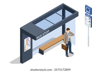 A simple, modern isometric vector design of a bus stop. Includes a businessman waiting with a briefcase, seated bench under a sleek shelter, and a detailed map of bus routes.