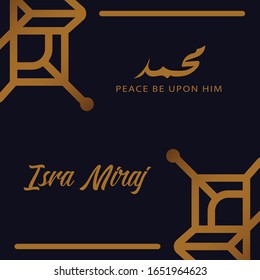 Simple Modern Isra' Mi'raj Prophet Mohammad design Background illustration with Arabic Typography in the dark background for banner, greeting card, poster, and printing. 