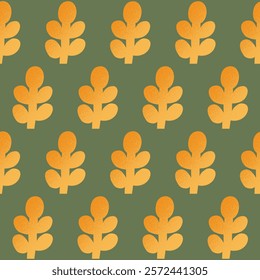 Simple and Modern Leaves Pattern on Green Background. Yellow leaves with orange texture. Minimalist aesthetic.