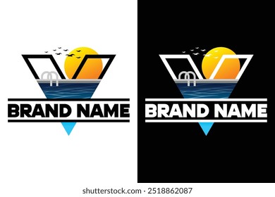simple modern letter V pool with sun illustration vector logo design