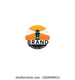 simple and modern lighthouse logo on sun background