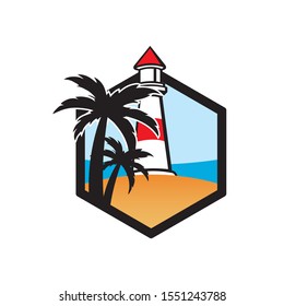 simple modern lighthouse with palm tree vector logo design