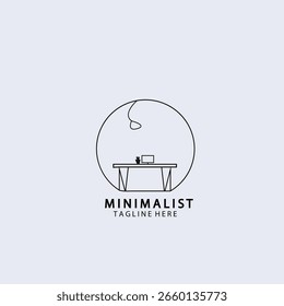 Icono de arte lineal moderno simple: un escritorio minimalista con computadora portátil y planta en un círculo. Perfecto para el trabajo remoto de oficina en casa, vida sencilla y marca profesional.