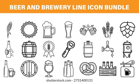 Paquete simple y moderno del icono del arte de la línea que representa todos los Elementos del Vector de la cerveza y de la cervecería
