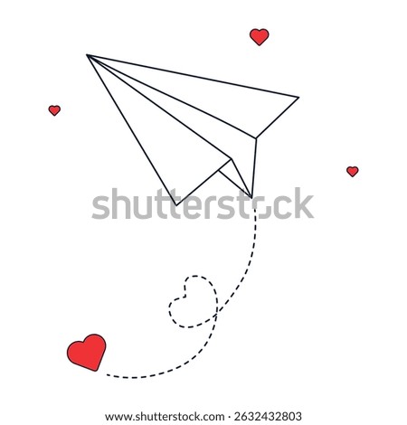 Simple and modern line art illustration of a paper plane flying with a dashed heart-shaped trail, surrounded by small red hearts. Minimalist romantic design concept perfect for Valentine's Day, love m