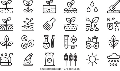 Simple and modern line icons representing various aspects of agriculture, from planting and growth to scientific analysis of soil and plant care. Includes elements like sprouts, irrigation, farm equipment, and nutrient symbols, ideal for illustrating farming processes.