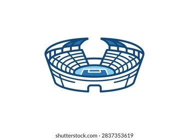 A simple and modern linear vector drawing of an open-air sports stadium showing tiered seating and a central field area in blue tones on a white background.