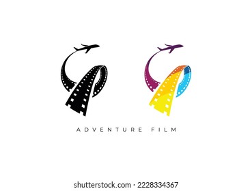 Logotipo simple y moderno, logotipo de película de aventura agradable para producción cinematográfica y cinematográfica, o cualquier proyecto de vídeo. Archivo vectorial para cualquier resolución sin perder su calidad.