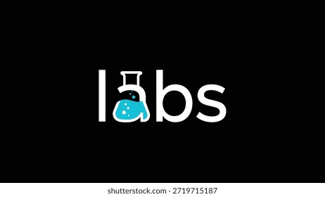 Un diseño de logotipo simple y moderno que lee 'laboratorios' con un frasco de química azul estilizado que reemplaza la letra 'a'. El matraz contiene líquido burbujeante,