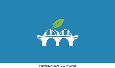 Un logotipo sencillo y moderno con un puente arqueado blanco con una sola hoja verde que brota de su centro. Este gráfico simboliza el crecimiento y la conexión de la infraestructura ecológica.