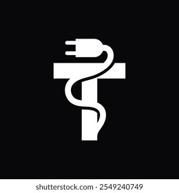 logo sencillo y moderno de la letra T con enchufe eléctrico