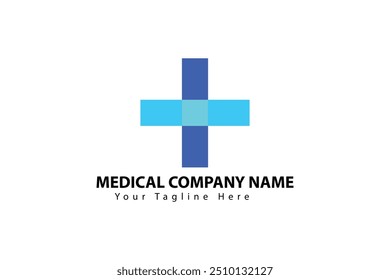 A simple, modern medical logo featuring a blue cross with overlapping shades. Below, placeholder text is included for a medical company name and tagline.
