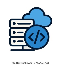 Einfaches und modernes minimalistisches Symbol, das eine serverless Funktion darstellt, mit klaren Linien und einfachen Formen, mit einem fetten Farbschema, das Blau- und Weiß-Schattierungen enthält