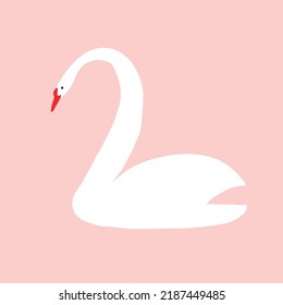 Einfache moderne Minimalistische Vektorgrafik mit weißem Schwan mit rotem Schnabel einzeln auf pastellrosa Hintergrund. Schöne Hand Darwn Print mit White Bird ideal für Card, Poster, Einladung, Wall Art.