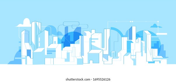 Simple Modern Minimalistic Style Illustration Of Future Digital City Skyline With Skyscrapers 