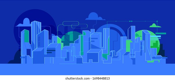Simple Modern Minimalistic Style Illustration Of Future Digital City Skyline With Skyscrapers 