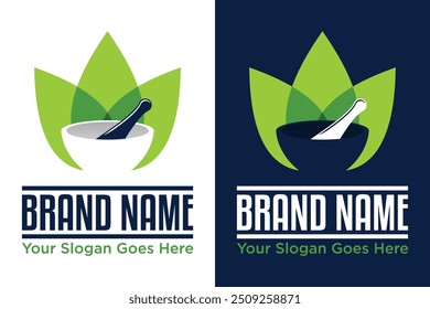 simple modern Mortar And Pestle leaf health medicine logo design vector illustration