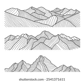 Simples conjunto moderno de design de montanha. Montanha pico ícone design de logotipo minimalista. Elementos de design para exteriores. Montanhas e picos alpinos.  Vetor no fundo branco.