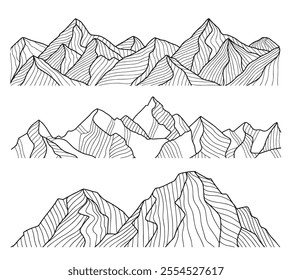 Simple modern mountain design set. Mountain peak icon logo design minimalist. Outdoor design elements. Mountains and alpine peaks.  Vector on the white background.