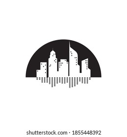 simple modern negative space city skyscraper with sound audio digital equalizer reflection vector icon