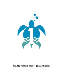 simple modern negative space number 1 sea turtle vector icon