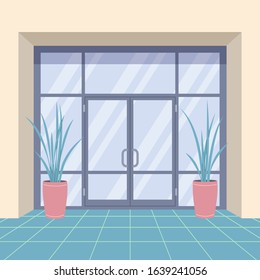 Simple modern office interior with glass door, light wall and pot plants. Entrance door for office, home, store, mall, shop, supermarket, department front view. Vector flat illustration.