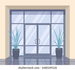 Simple Modern Office Interior With Glass Door, Light Wall, Dark Glossy Floor And Pot Plants. Entrance Door For Office, Home, Store, Mall, Shop, Department Front View. Vector Flat Illustration.