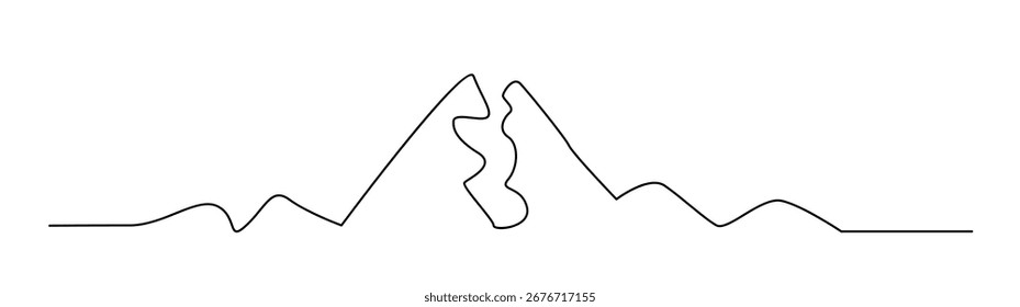 Simple, modern one line drawing of mountain range landscape. Represents minimalist art, natural beauty, and adventurous travel concepts.