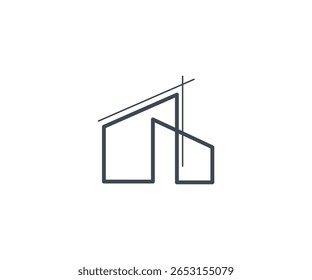 Simple and modern outline icon of two geometric buildings with slanted rooftops. Represents architectural design, real estate development, or home construction. Clean line art ideal for logos, brandin