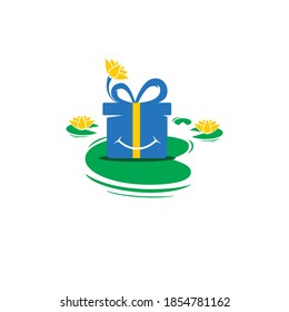 simple modern playful present box on floating lotus leaf vector icon