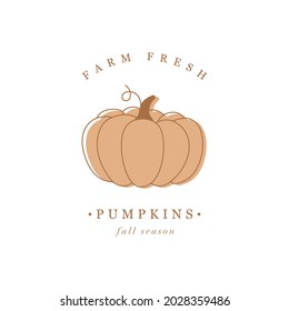 Simple modern pumpkin emblem in pastel colors. Fresh Farm pumpkins concept. Vector illustration.