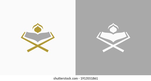 Diseño de un logotipo sencillo y moderno de color dorado y gris. Símbolo de lujo al qur'an para organización islámica, comunidad, escuela, universidad, fundación, etc. Idea creativa de la plantilla de vector qoran.