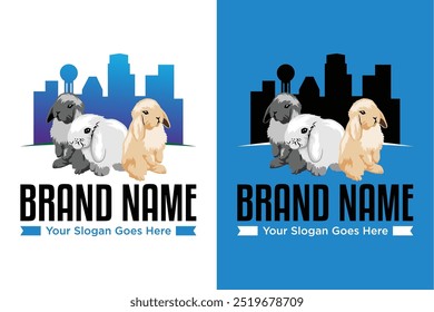 simple modern rabbit pet shop with city town background illustration vector logo design