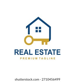 Logotipo inmobiliario simple y moderno con una casa estilizada fusionada con una llave de oro, que significa propiedad de la casa