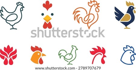 Simple modern rooster and hen vector illustrations. Minimalist poultry graphics ideal for agribusiness branding or farm product packaging.